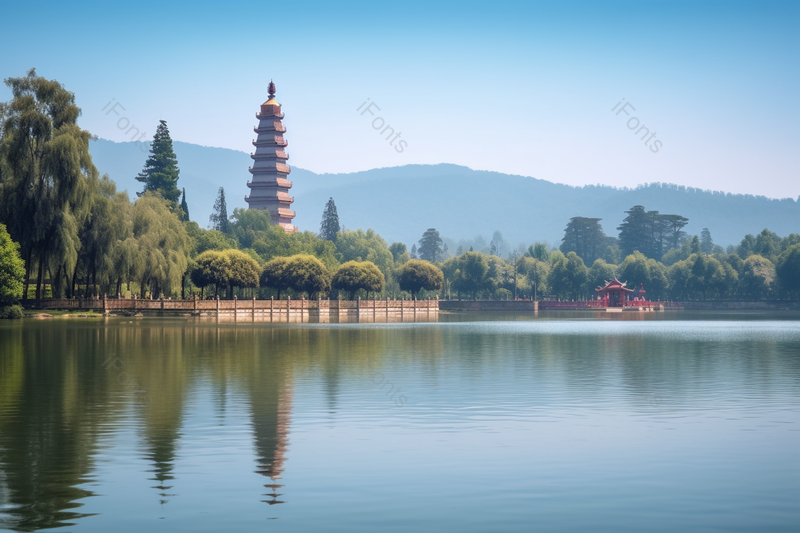 湖面风光蓝色湖水远处宝塔,高清,摄影图,摄影图片,图片大全,摄影图免费下载